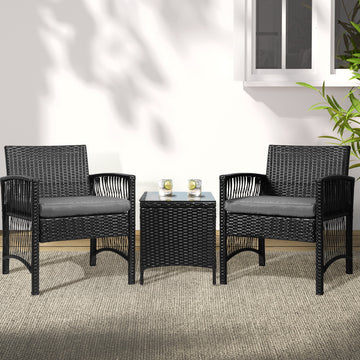Gardeon 3-Piece Outdoor Bistro Set with Harp Chair Design and Tempered Glass Table Black