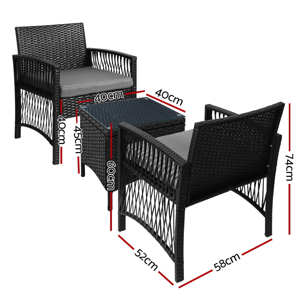 Gardeon 3-Piece Outdoor Bistro Set with Harp Chair Design and Tempered Glass Table Black