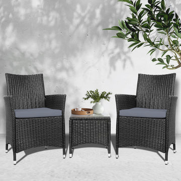 Gardeon Outdoor Wicker Bistro Set 3-Piece UV Weather Resistant Black