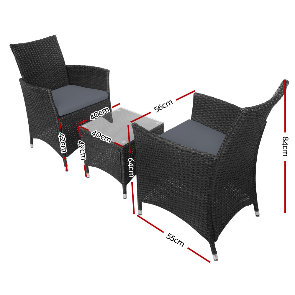 Gardeon Outdoor Wicker Bistro Set 3-Piece UV Weather Resistant Black