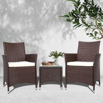 Gardeon Outdoor Wicker Bistro Set 3-Piece with Cushion Brown