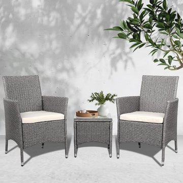 Gardeon Outdoor Wicker Bistro Set 3-Piece UV Weather Resistant Grey