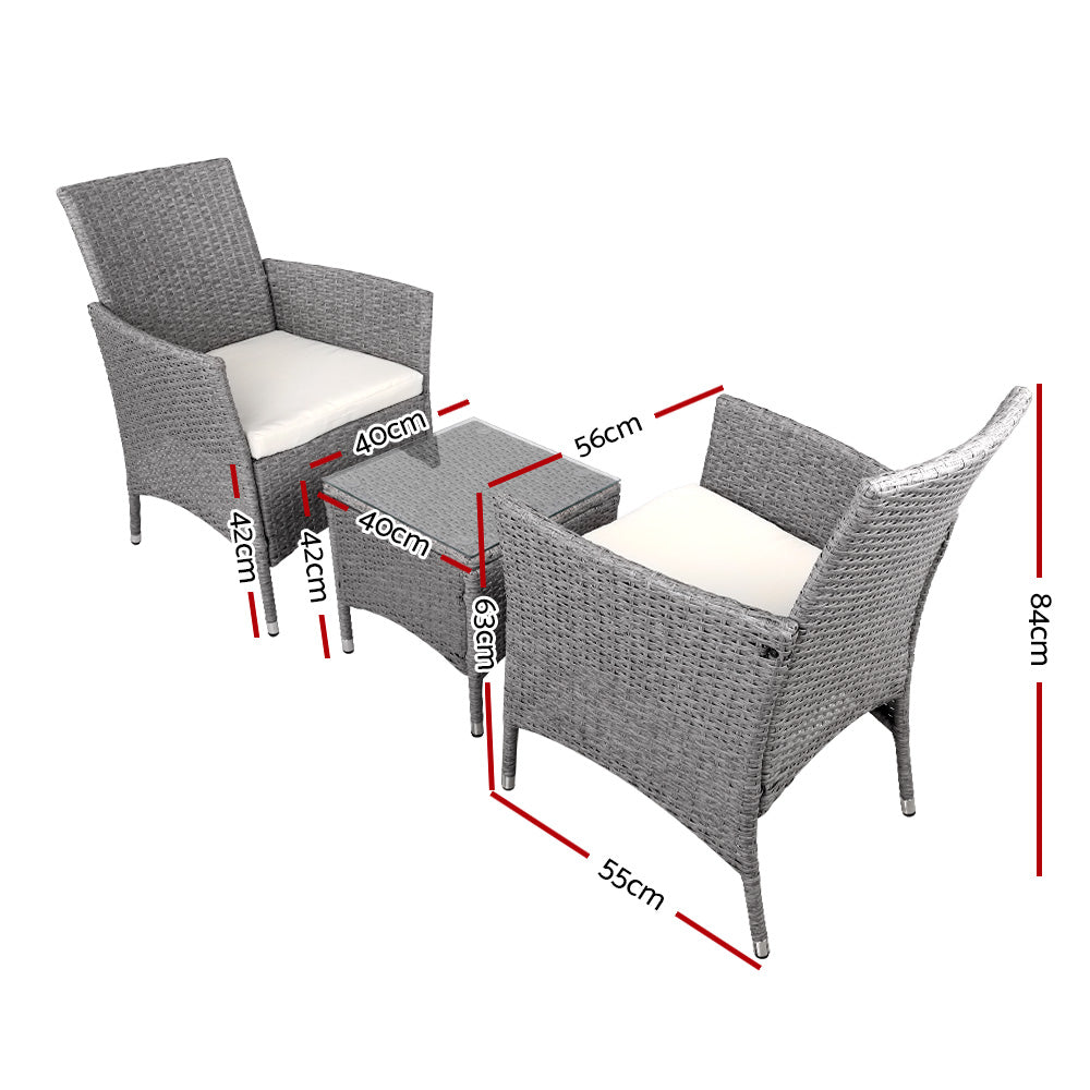 Gardeon Outdoor Wicker Bistro Set 3-Piece UV Weather Resistant Grey