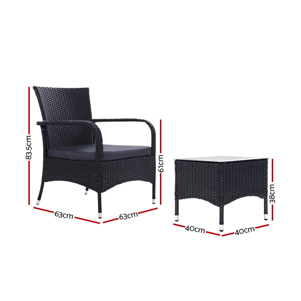 Gardeon Wicker Outdoor Bistro Set 3-Piece Black