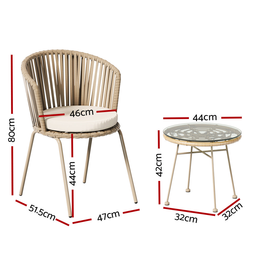 Gardeon Outdoor Bistro Set 2 Rope Chairs Tempered Glass Table Brown