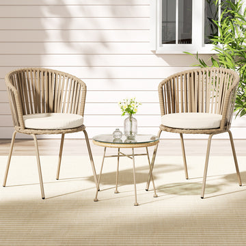 Gardeon Outdoor Bistro Set 2 Rope Chairs Tempered Glass Table Brown