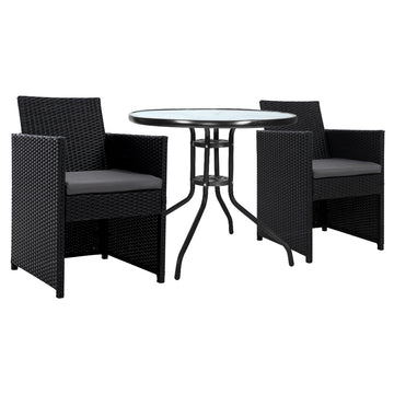 Gardeon Wicker Bistro Set 2 Chairs Glass Table Galvanised Steel Black