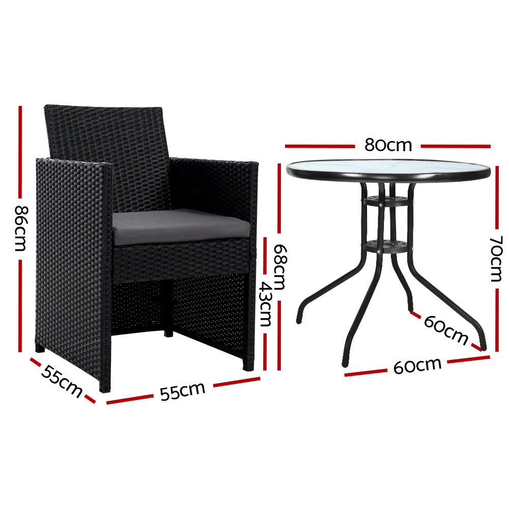 Gardeon Wicker Bistro Set 2 Chairs Glass Table Galvanised Steel Black