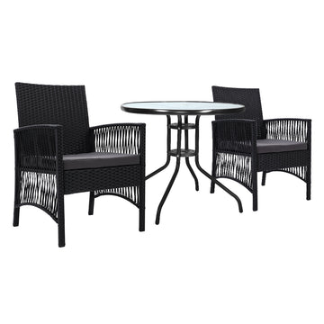 Gardeon Wicker Outdoor Bistro Set 2 Chairs Glass Table