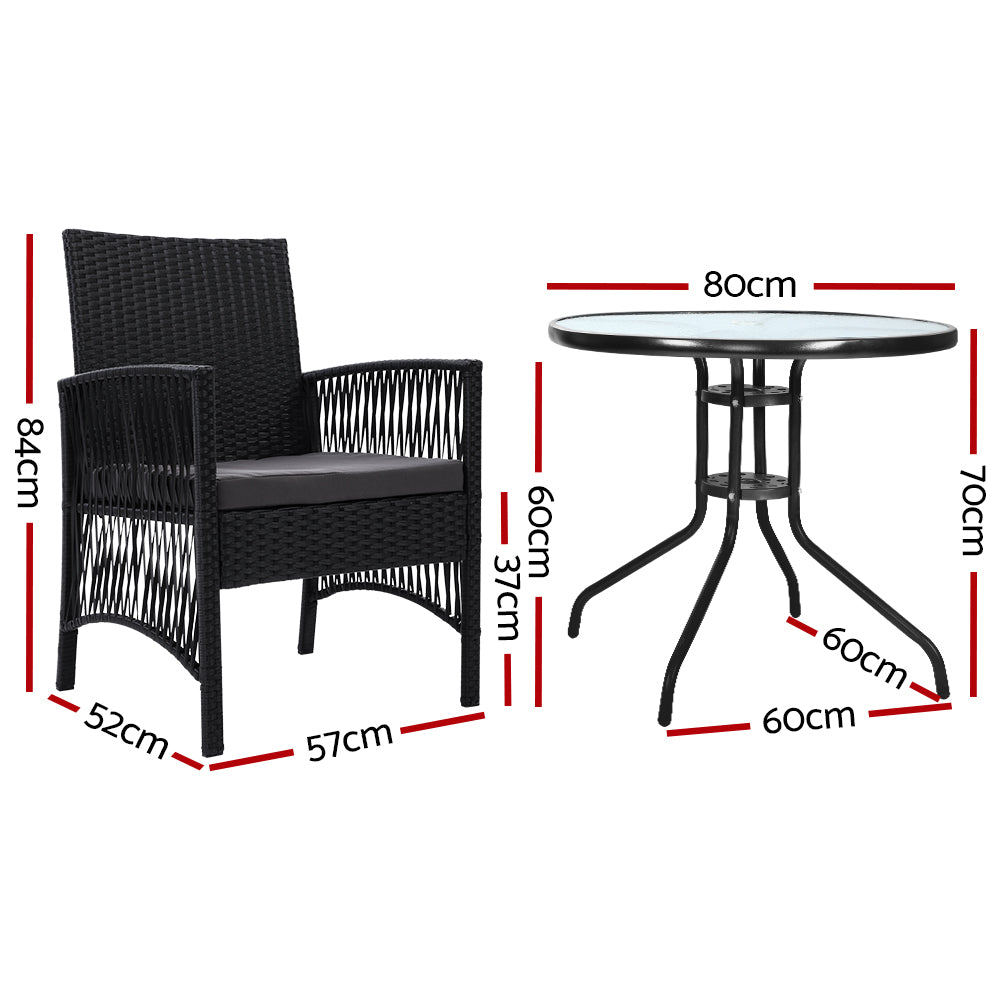 Gardeon Wicker Outdoor Bistro Set 2 Chairs Glass Table
