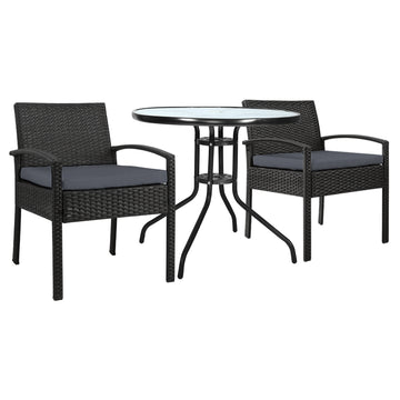 Gardeon Wicker Outdoor Bistro Set with Cushion 2 Chairs Glass Table