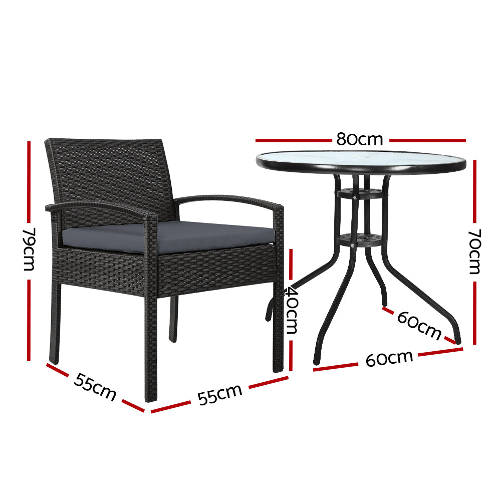 Gardeon Wicker Outdoor Bistro Set with Cushion 2 Chairs Glass Table