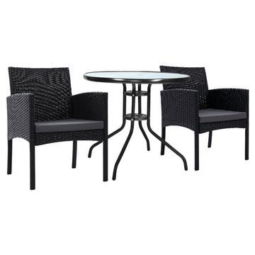 Gardeon Wicker Bistro Set with Glass Table 2 Chairs Black