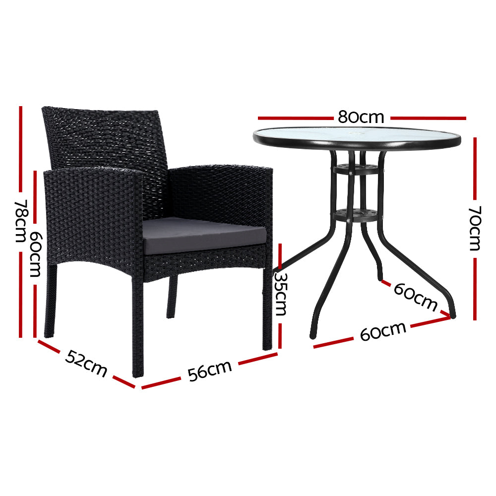 Gardeon Wicker Bistro Set with Glass Table 2 Chairs Black