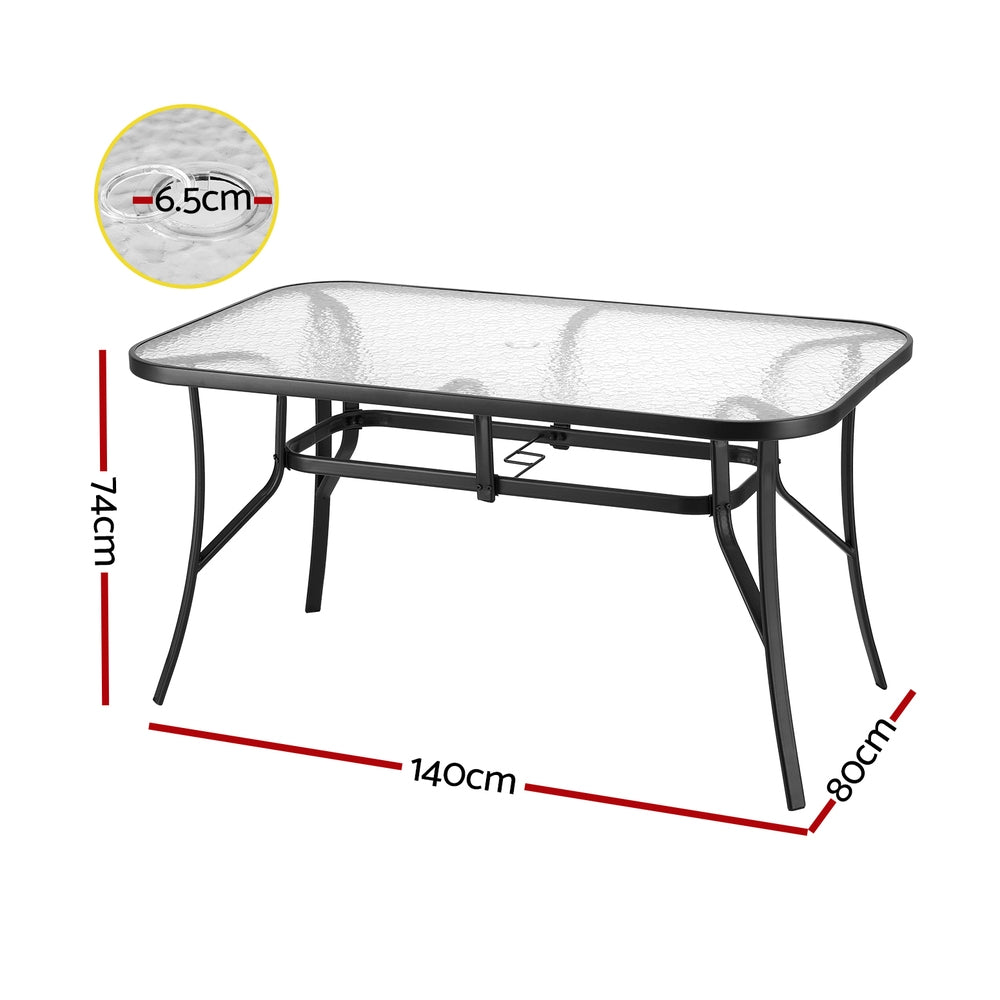 Gardeon Outdoor Dining Table with Tempered Glass and Parasol Hole Black