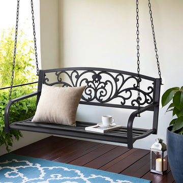 Gardeon Porch Swing Chair 2 Seater Floral Backrest Black