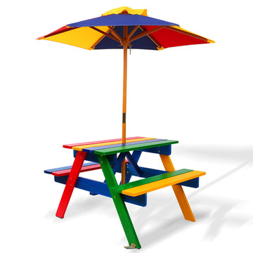 Keezi Kids Wooden Picnic Table Set with Umbrella Shade Fir Wood