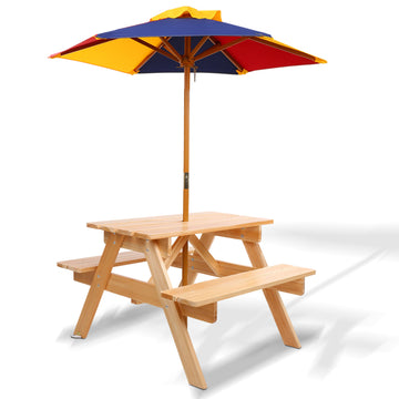 Keezi Kids Outdoor Picnic Table Set Umbrella 4-Seater Fir Wood