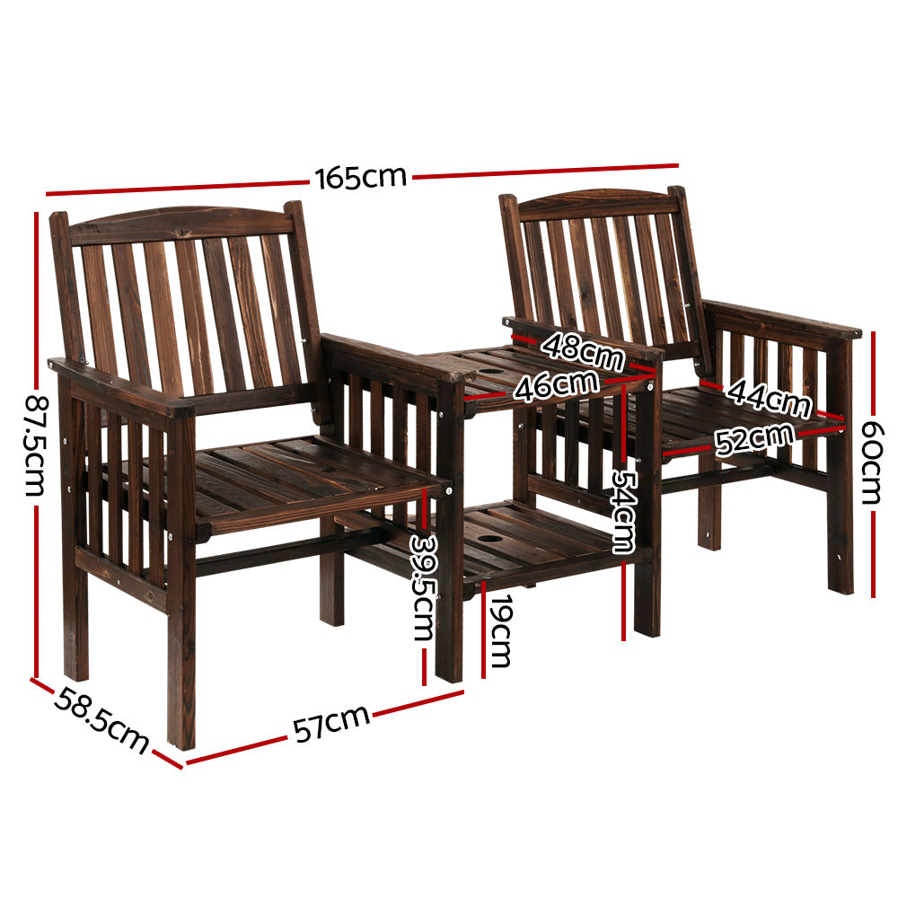 Gardeon Wooden Outdoor Loveseat Bench with Double Deck Table 165cm Charcoal