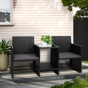 Gardeon Wicker Outdoor Loveseat Set with Glass Top Table Black