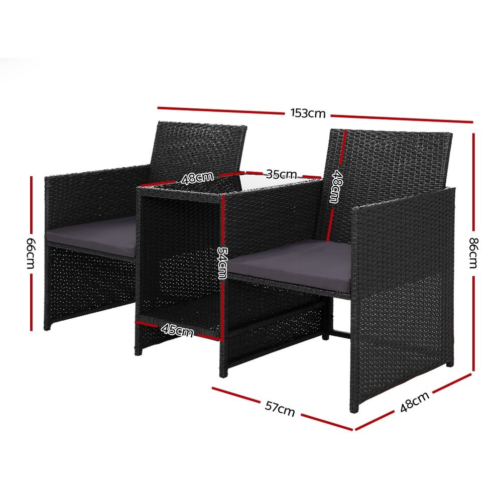 Gardeon Wicker Outdoor Loveseat Set with Glass Top Table Black