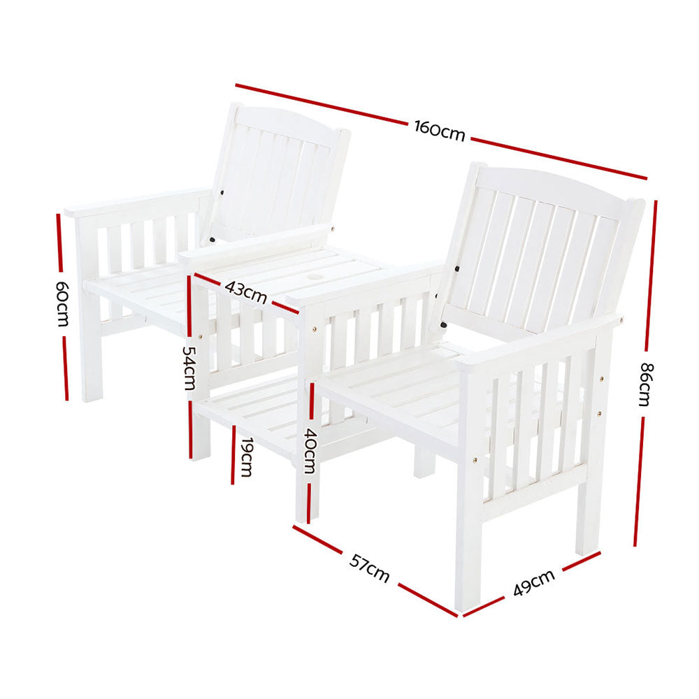 Gardeon Wooden Outdoor Loveseat Bench with Double Deck Table 165cm White