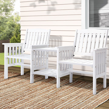 Gardeon Wooden Outdoor Loveseat Bench with Double Deck Table 165cm White