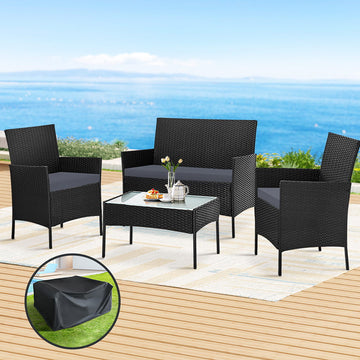 Gardeon 4-Seater Outdoor Wicker Sofa Set with Storage Cover Black