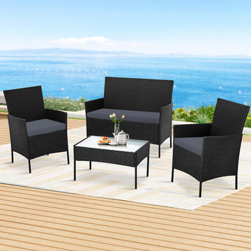 Gardeon 4-Piece Outdoor Wicker Sofa Set Dark Grey with Steel Frame