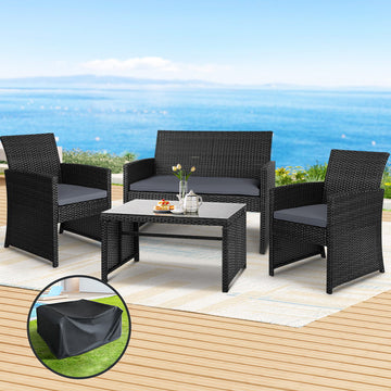 Gardeon 4-Piece Outdoor Rattan Sofa Set with Storage Cover Black