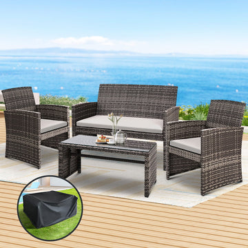 Gardeon 4 Piece Outdoor Wicker Sofa Set with Storage Cover Grey