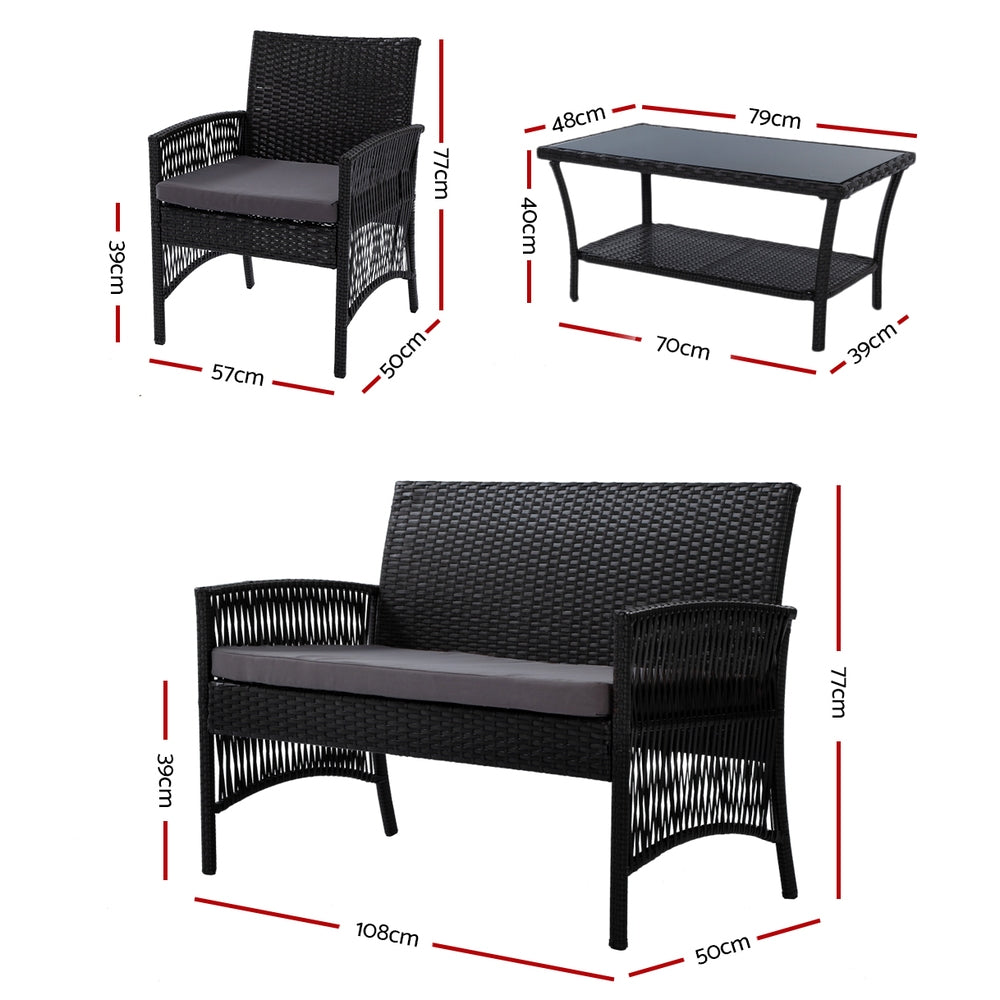 Gardeon 4 Piece Wicker Outdoor Sofa Set Harp Design Black Steel Frame