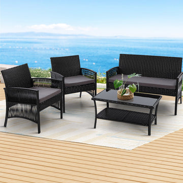 Gardeon 4 Piece Wicker Outdoor Sofa Set Harp Design Black Steel Frame