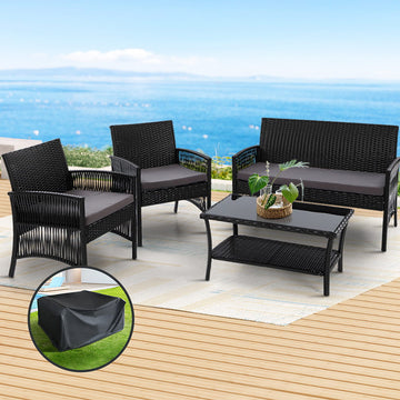 Gardeon 4-Piece Outdoor Wicker Sofa Set with Storage Cover Black