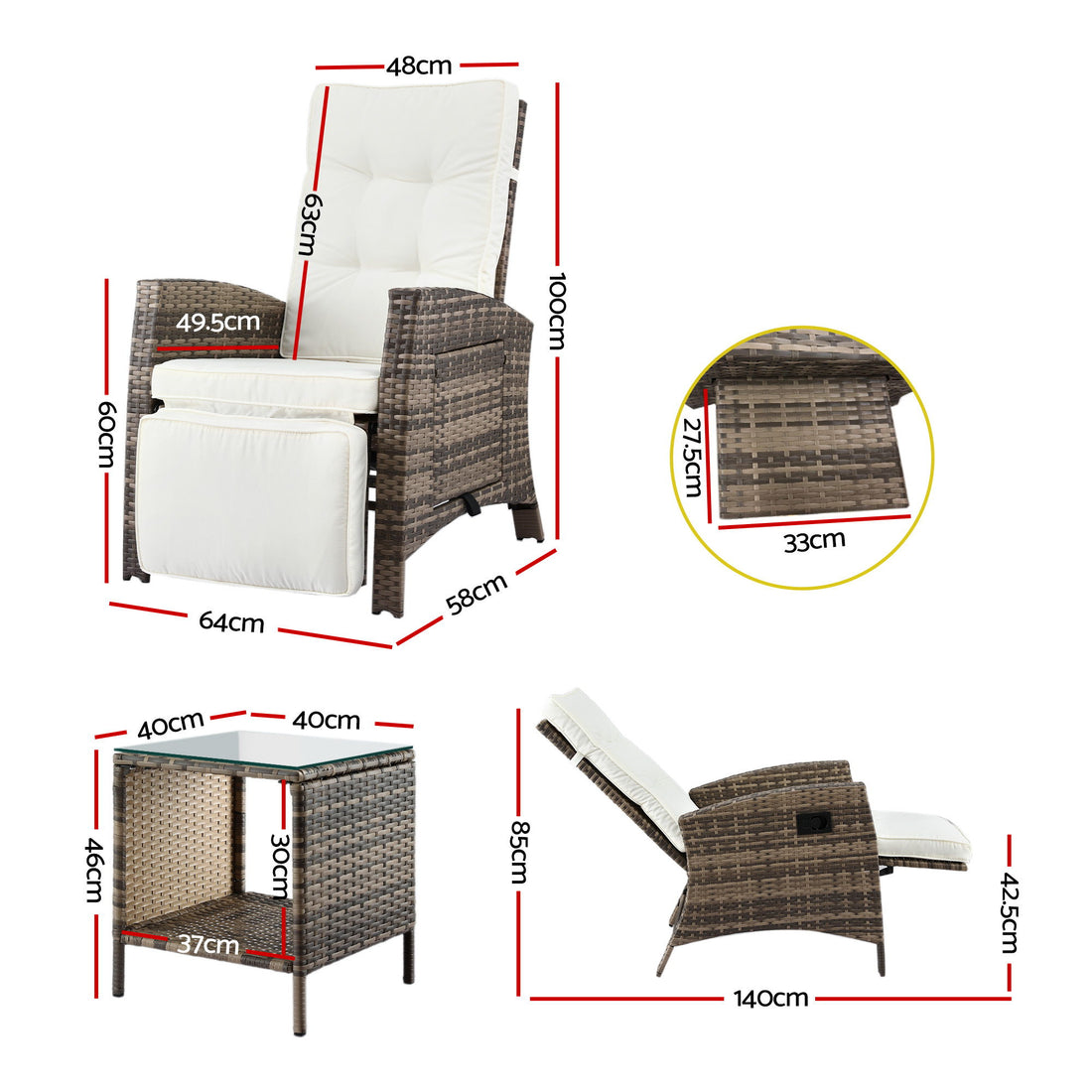 Gardeon 3-Piece Outdoor Recliner Set with Side Table Brown