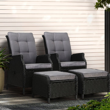 Gardeon Wicker Recliner Chair Set with Ottoman and Adjustable Backrest Black PE Wicker