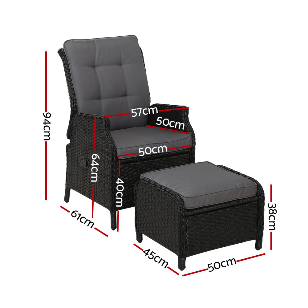 Gardeon Wicker Recliner Chair Set with Ottoman and Adjustable Backrest Black PE Wicker