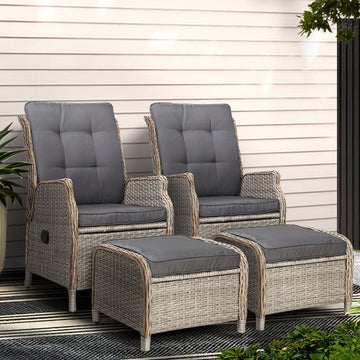 Gardeon Wicker Outdoor Recliner Set with Cushion 2 Oversized Recliners and Ottoman Grey