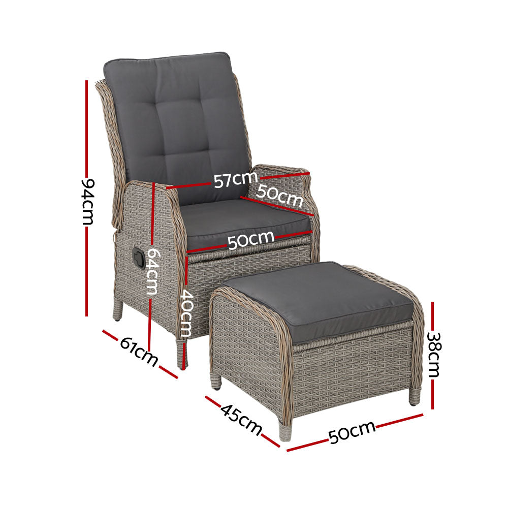 Gardeon Wicker Outdoor Recliner Set with Cushion 2 Oversized Recliners and Ottoman Grey