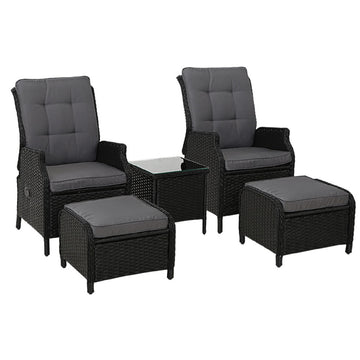 Gardeon Wicker Outdoor Sun Lounger Recliner Set 5 Piece Black