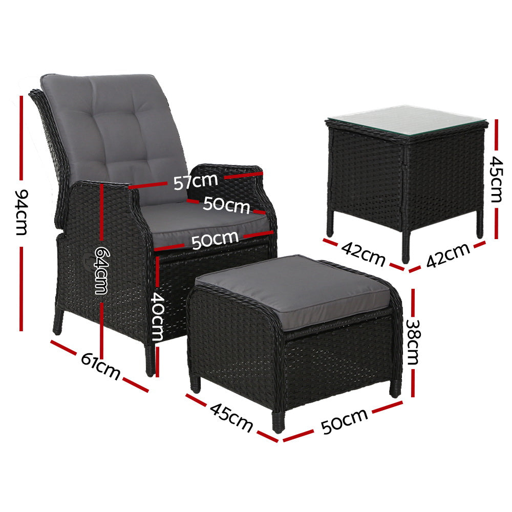 Gardeon Wicker Outdoor Sun Lounger Recliner Set 5 Piece Black