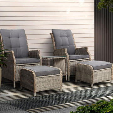 Gardeon Wicker Outdoor Recliner Set with Cushion 2 Recliners 2 Ottomans and Side Table Grey