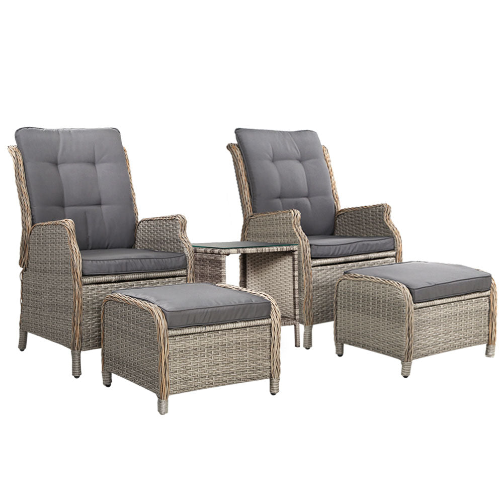 Gardeon Wicker Outdoor Recliner Set with Cushion 2 Recliners 2 Ottomans and Side Table Grey
