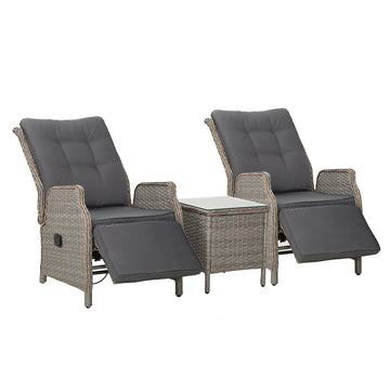 Gardeon Wicker Recliner Chair Set 3-Piece Adjustable Grey