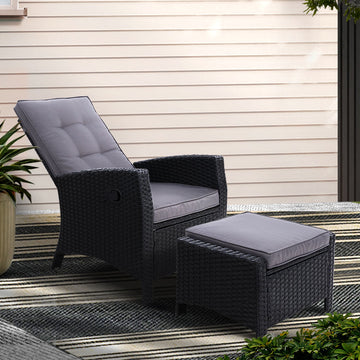 Gardeon Wicker Outdoor Recliner Chair with Ottoman Black