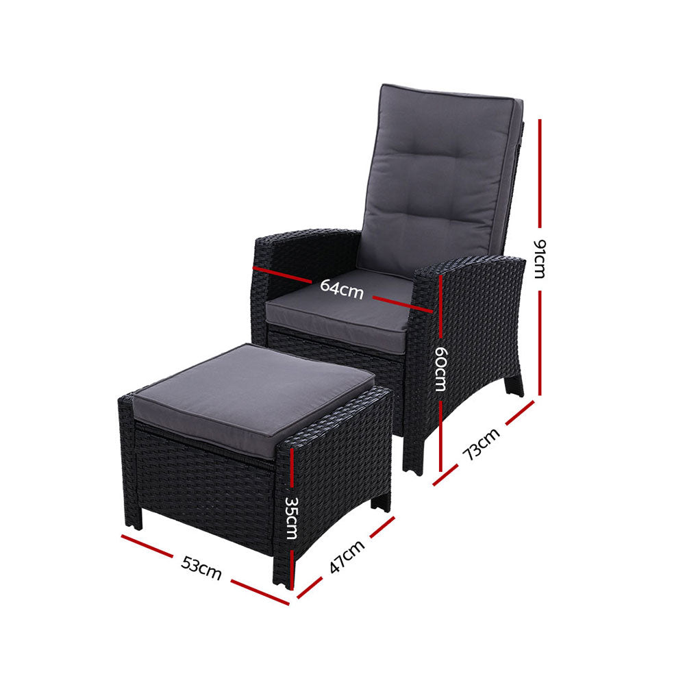Gardeon Wicker Outdoor Recliner Chair with Ottoman Black