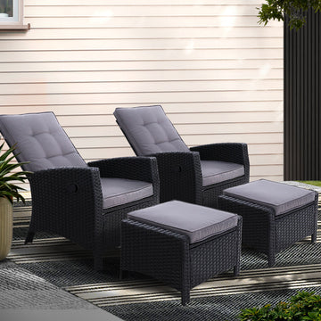Gardeon Wicker Recliner Set with Ottoman 5-Position Black