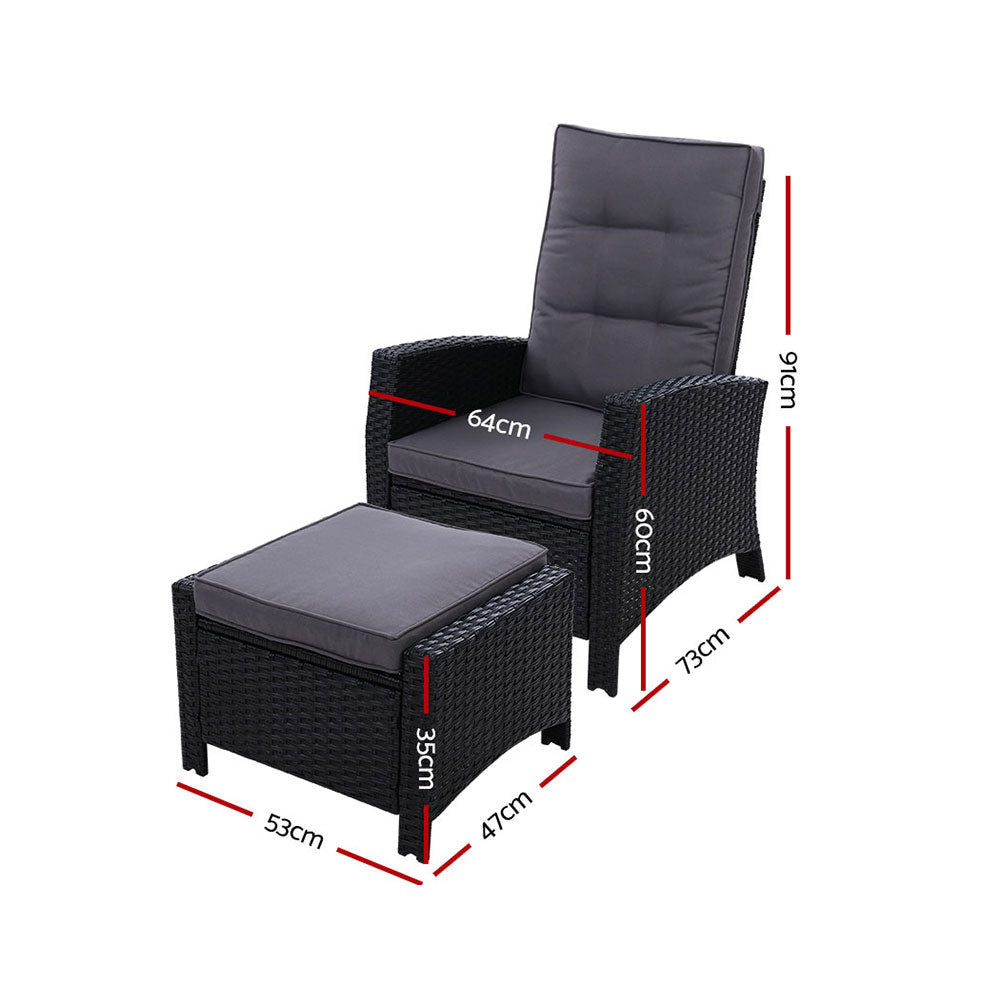 Gardeon Wicker Recliner Set with Ottoman 5-Position Black