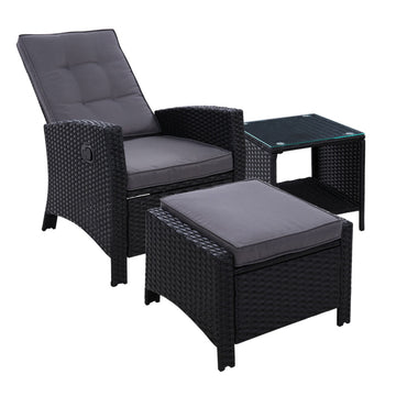 Gardeon Outdoor Wicker Recliner Set 3-Piece Black