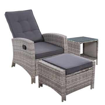 Gardeon Outdoor Wicker Recliner Set 3-Piece Grey